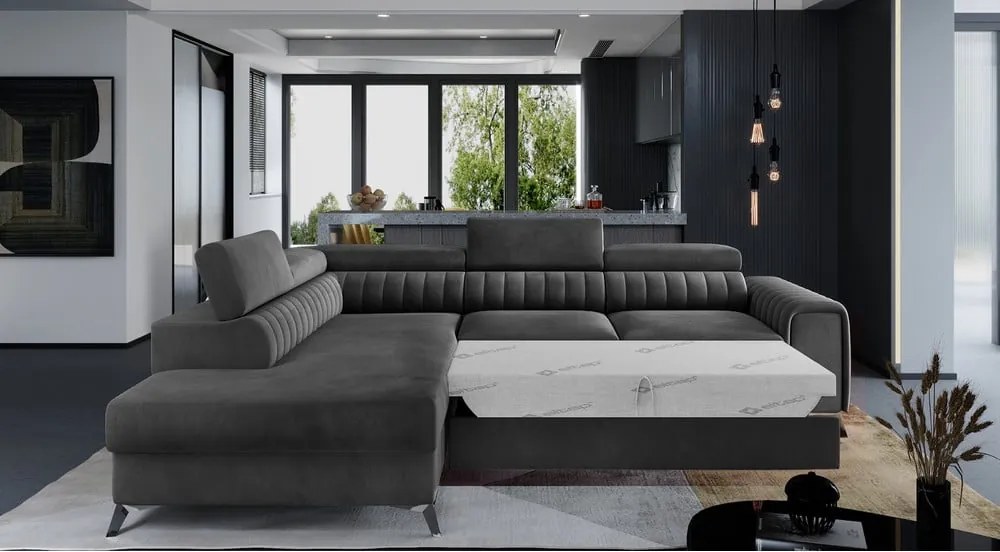 Tmavosivá zamatová rozkladacia/s úložným priestorom rohová pohovka (ľavý roh/do L) Laurence – ELTAP