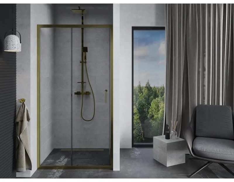 Mexen Apia, posuvné dvere do otvoru 150 x 190 cm, 6mm číre sklo, zlatý profil, 845-150-000-50-00
