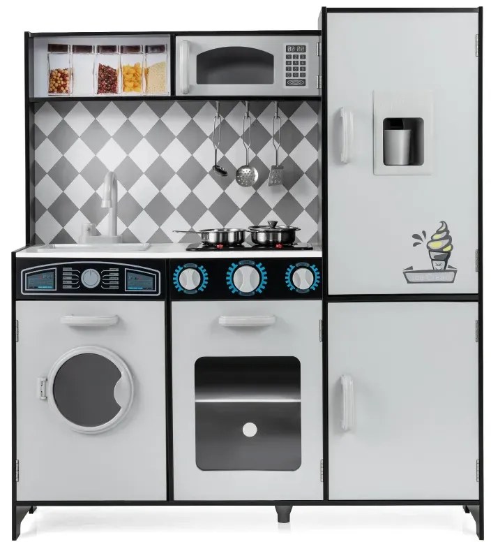 Drevená kuchynka na hranie  s výrobníkom zmrzliny Sporák Pračka Mikrovlnná rúra Kuchynské potreby Sivá farba