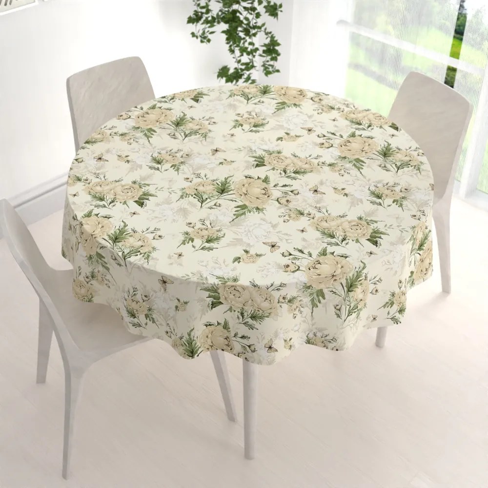 Biante Bavlnený okrúhly obrus Sandra SA-473 Pivonky s motýlikmi na vanilkovom Ø 100 cm
