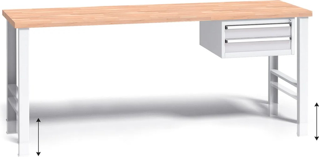 Výškovo nastaviteľný pracovný stôl do dielne G3 so závesným boxom na náradie, buková škárovka, 2 zásuvky, 2000 x 685 x 840 - 1050 mm, sivá