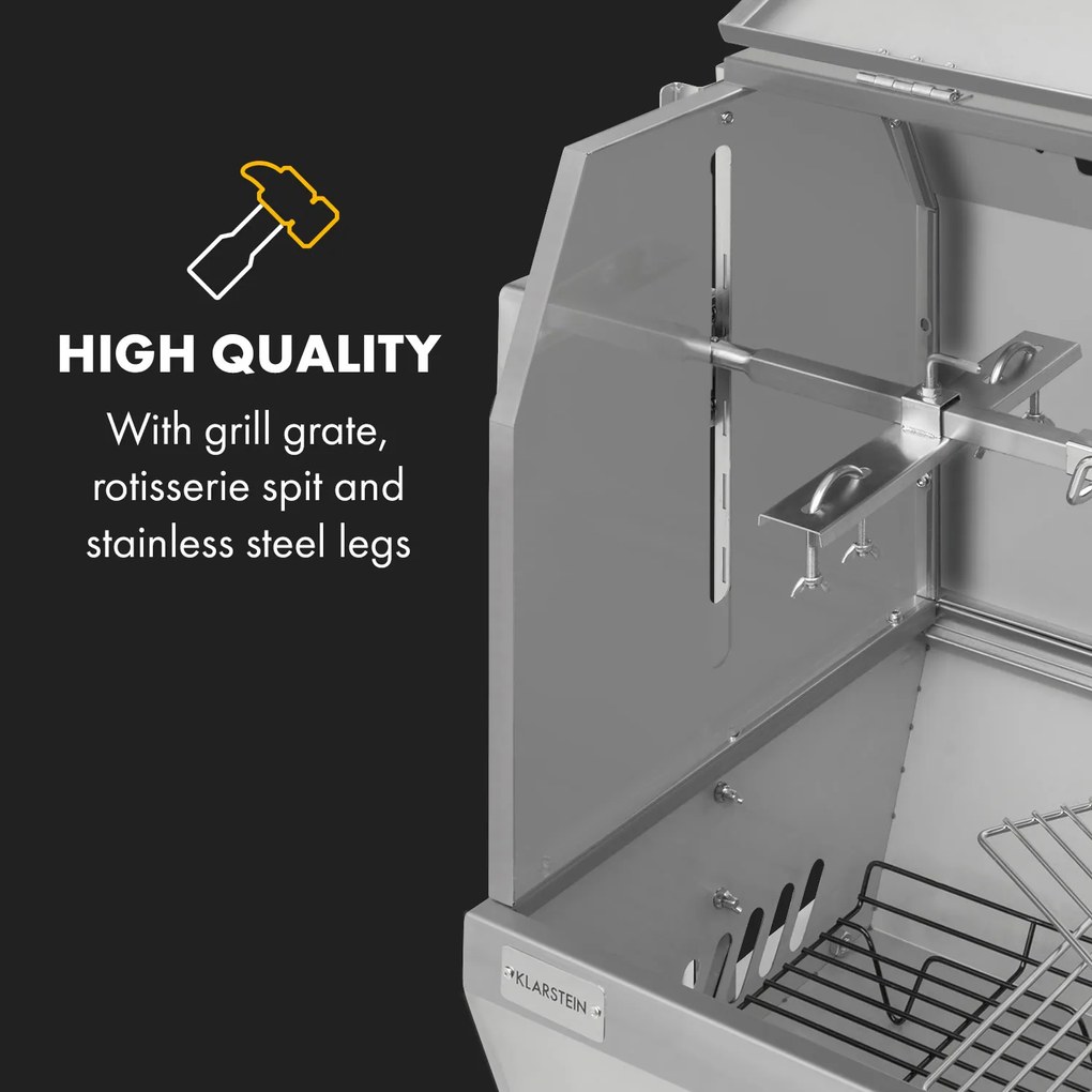 Klarstein Sauenland Pro XL, gril na prasiatko, otočný špíz, 13 W, 4 kolieska, ušľachtilá oceľ