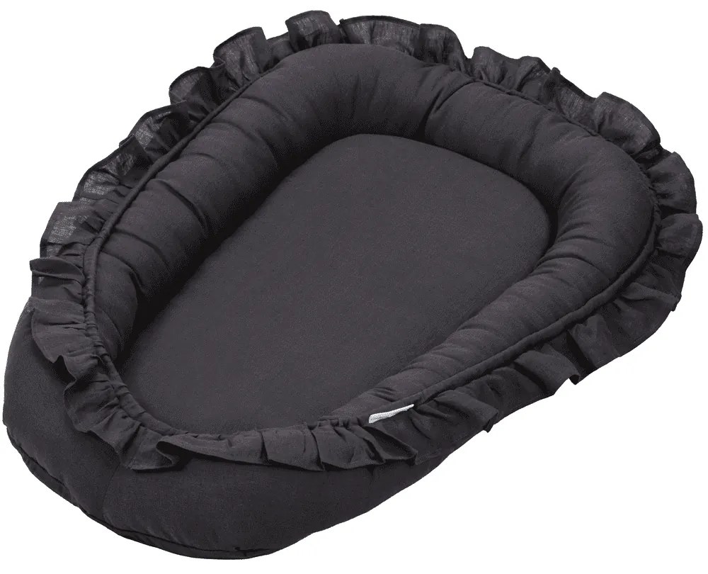 Lněné hnízdo pro miminko s volánem grafitová