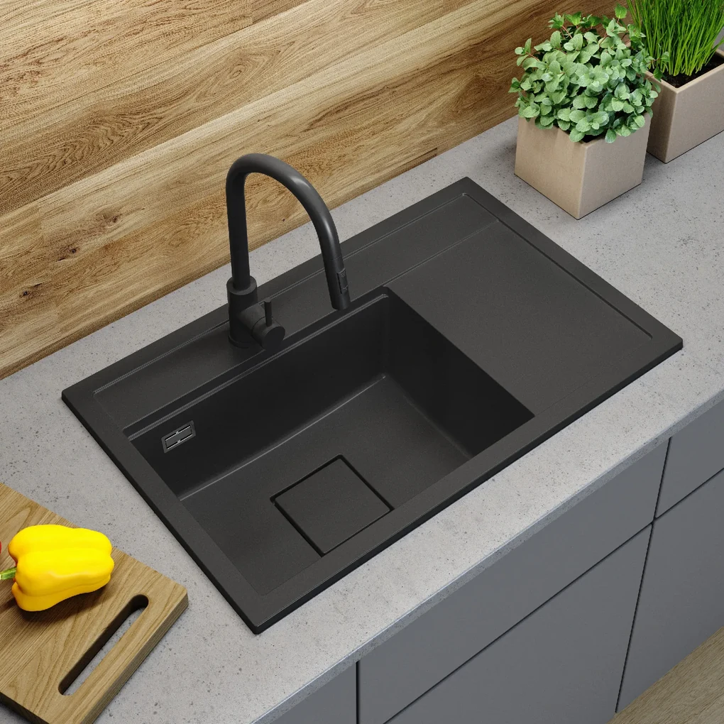 Gamma Quadro 8151, 1-komorový granitový drez 800x500x220 mm, čierna, GMA-ZLE000184
