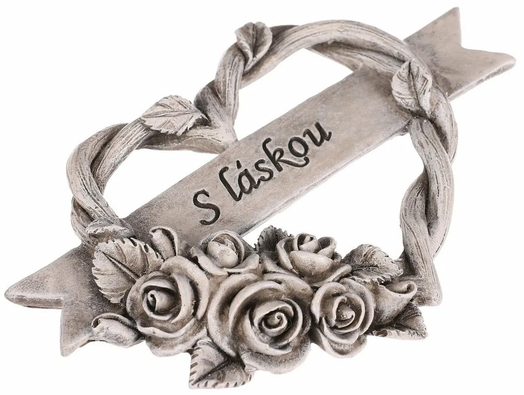 Pietna dekorácia Srdce s ružami a stuhou, polyresin, 12 x 10 x 2 cm