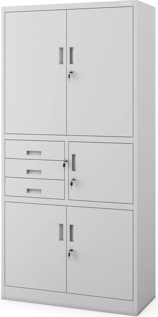 Kovová spisová skriňa so zásuvkami a trezorom FILIP II, 900 x 1850 x 400 mm, šeda