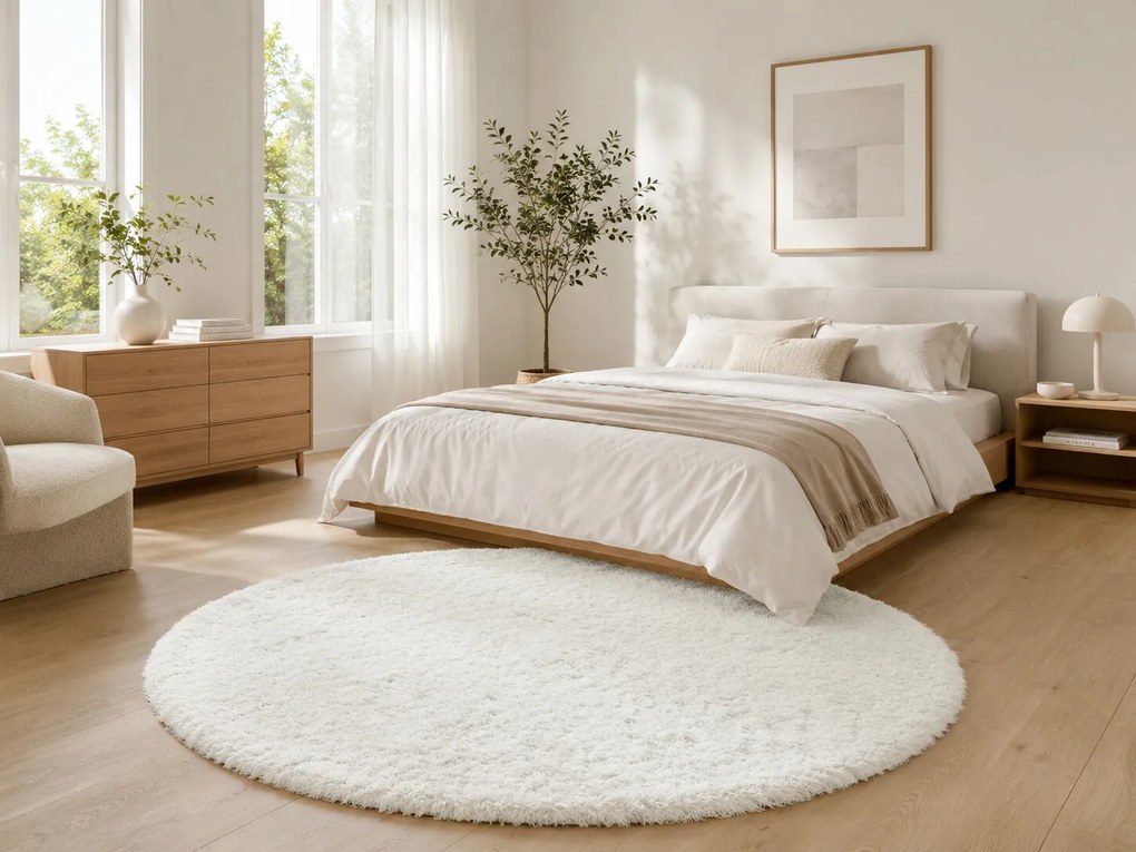 Ayyildiz, Kusový koberec Fluffy Shaggy 3500 white kruh, 120x120 (priemer) kruh, biela, obývacia izba