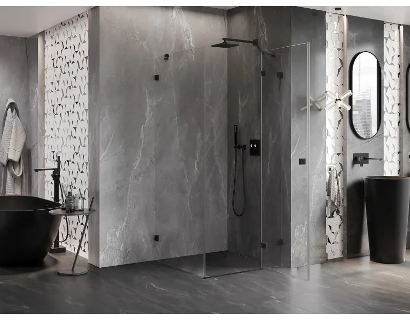 Mexen Lunar, pravostranný výklopný sprchový kút 90 x 90 cm, 8mm číre sklo, čierny profil, 834-090-090-70-00-P
