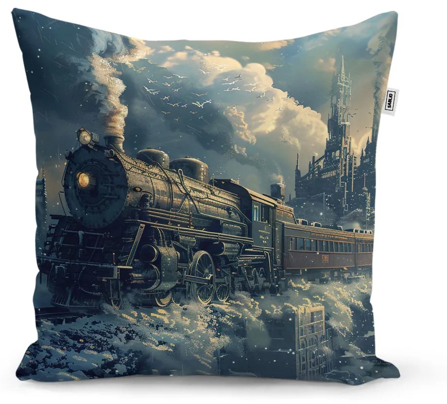 Sablio Vankúš Parná lokomotíva v zasneženom meste - 60x60 cm