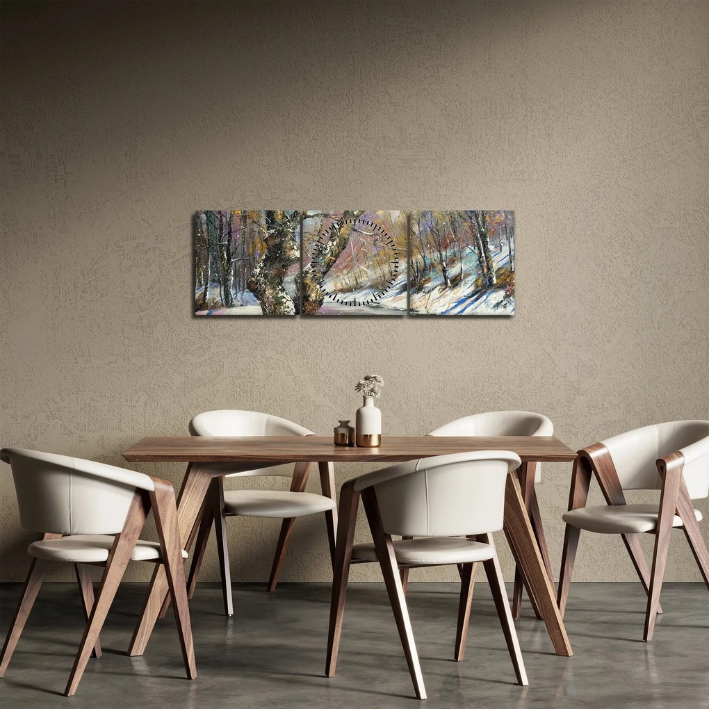 Obraz maľovanej zimnej krajiny (s hodinami) (90x30 cm)