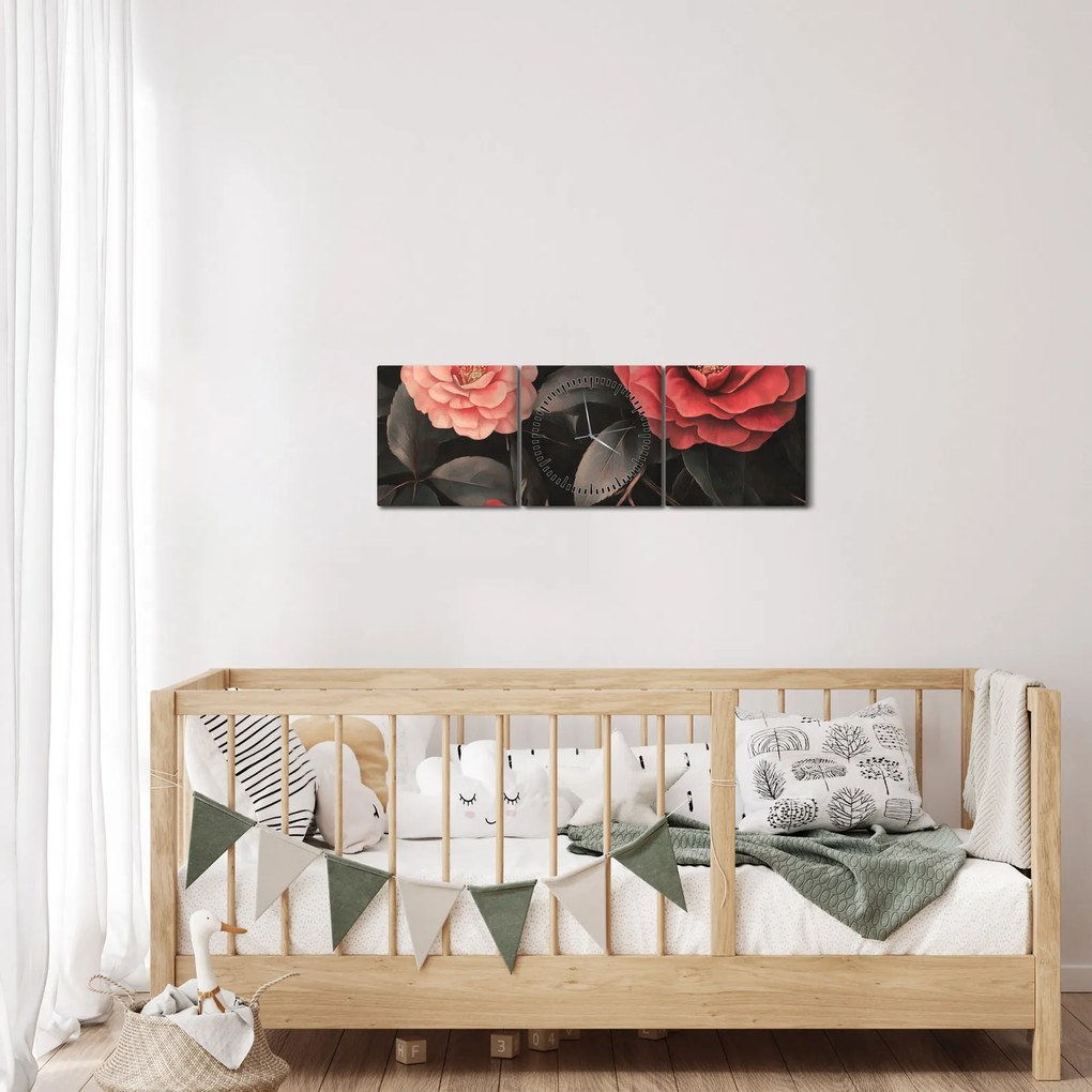 Obraz - Červené kvety na tmavom pozadí (s hodinami) (90x30 cm)
