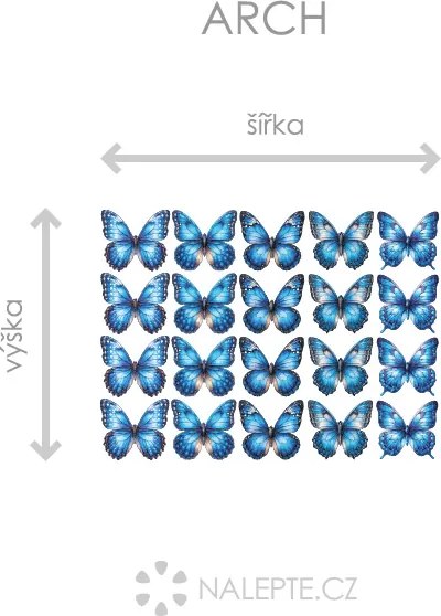Motýliky na stenu modrá 20 ks textilní prelepiteľná samolepiaca dekorácia na stenu 20 ks šírka 6 cm