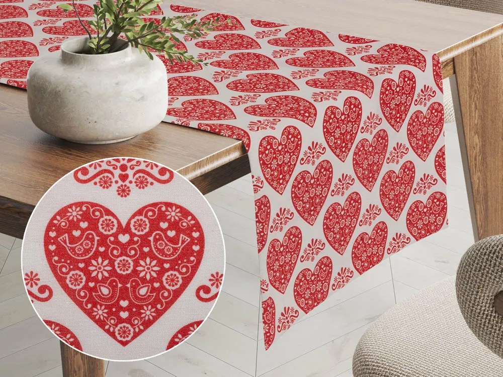 Biante Dekoračný behúň na stôl PML-094 Červené srdcia na bielom 20x140 cm
