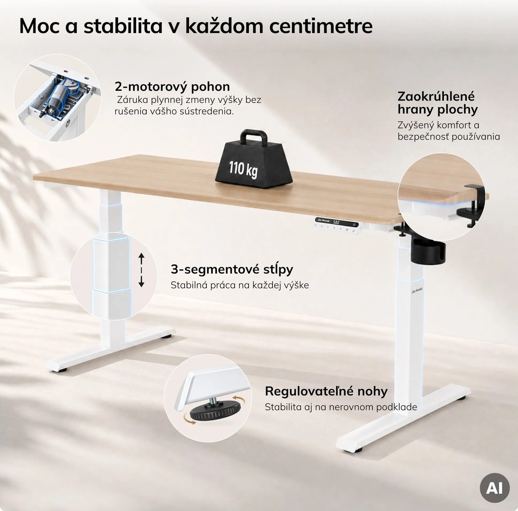 Elektrický stôl s nastaviteľnou výškou ergonomický biely/dub sonoma,1600x800 mm: ARIA