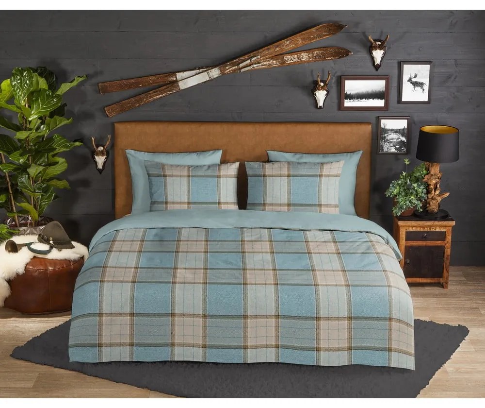 Modré predĺžené flanelové obliečky na dvojlôžko 200x220 cm Jacco – Good Morning