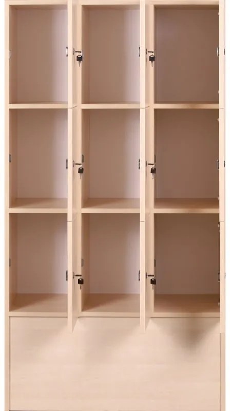 Drevená odkladacia skrinka s úložnými boxami, 9 boxov, 1700 x 900 x 420 mm, cylindrický zámok, orech