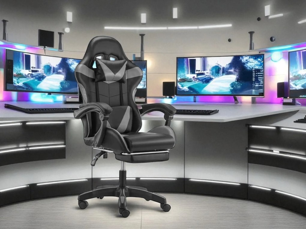 Kancelárska herná stolička s nastaviteľnou opierkou nôh - čierno-sivá