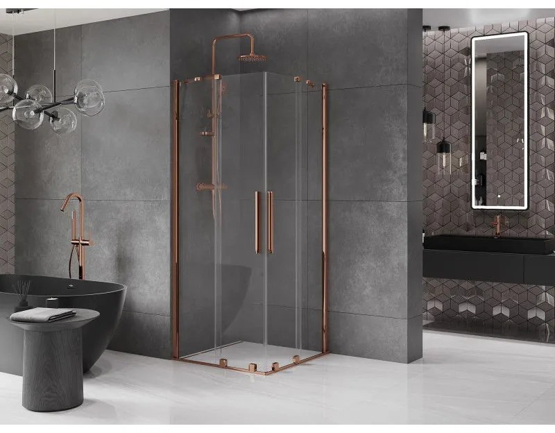 Mexen Velar Duo, sprchový kút s posuvnými dverami 90(dvere) x 90(dvere) cm, 8mm číre sklo, ružové zlato profil, 871-090-090-02-60