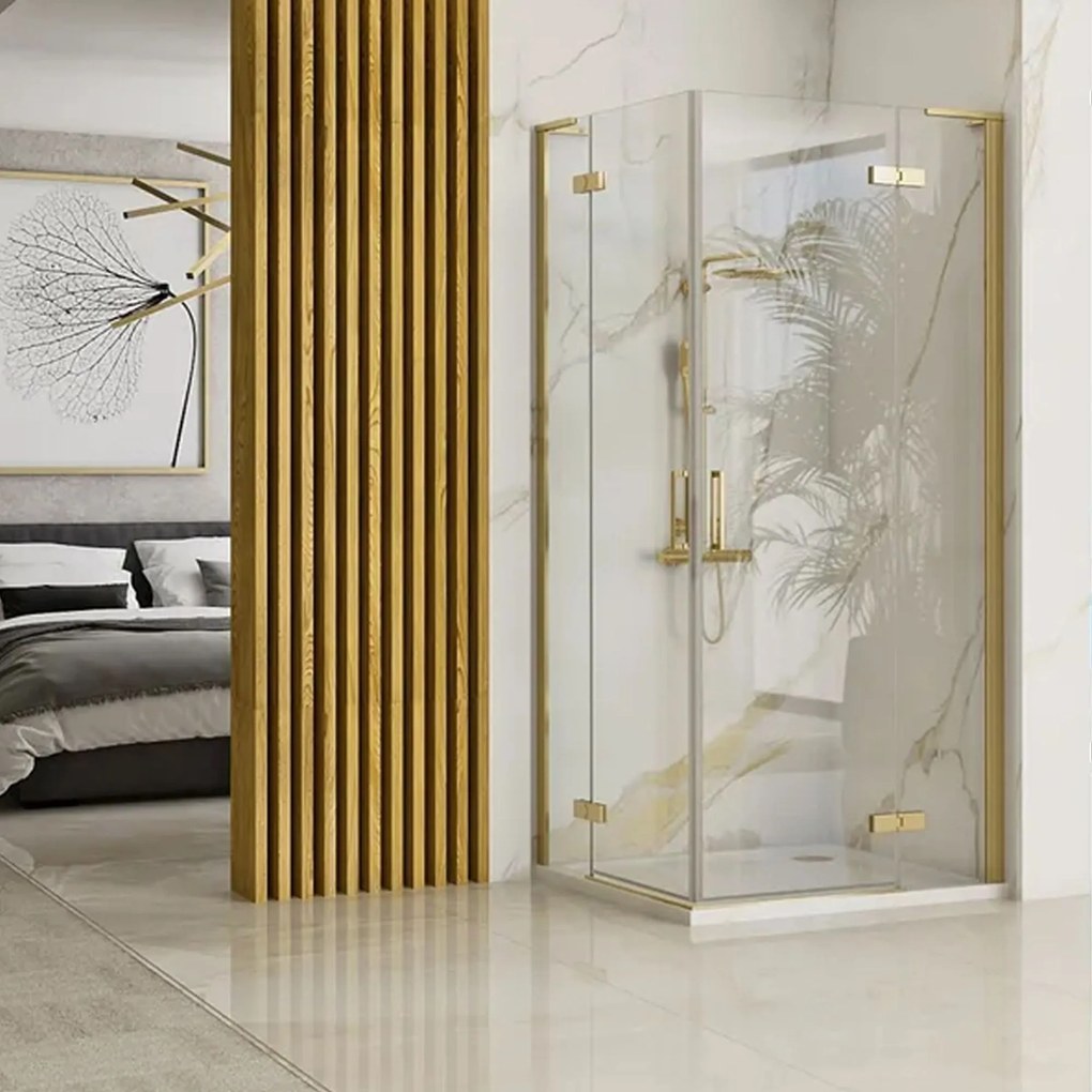Štvorcový sprchovací kút REA HUGO DOUBLE GOLD BRUSH 100x100, zlatý kartáčovaný/transparent - bez vaničky