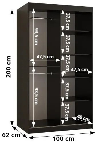 Šatníková skriňa Riven 2 100 (biela matná + čierna matná) (so zrkadlom). Vlastná spoľahlivá doprava až k Vám domov. 1064166