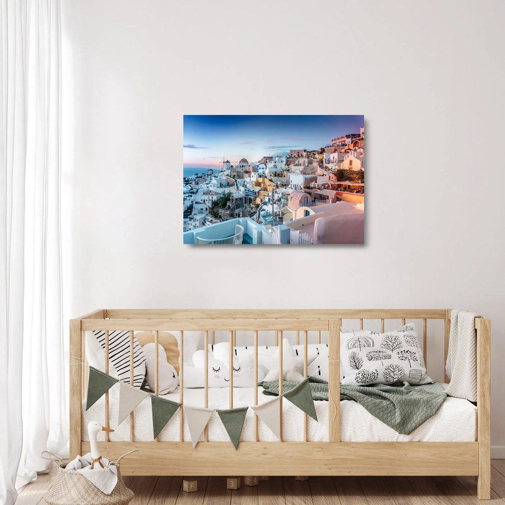 Sklenený obraz - Súmrak v Santorini (70x50 cm)