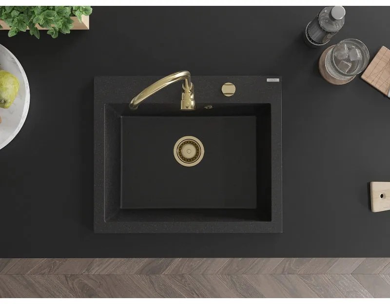 Mexen Elix, 1-komorový granitový drez 600 x 500 mm, čierna/strieborná metalíza, zlatý sifón - 6525601005-73-G