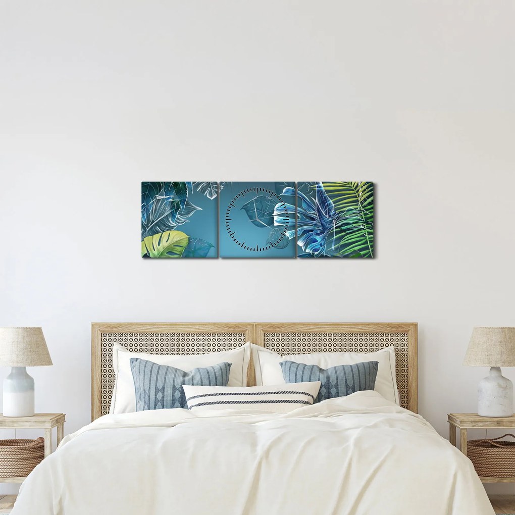 Obraz - Listy tropických rastlín (s hodinami) (90x30 cm)