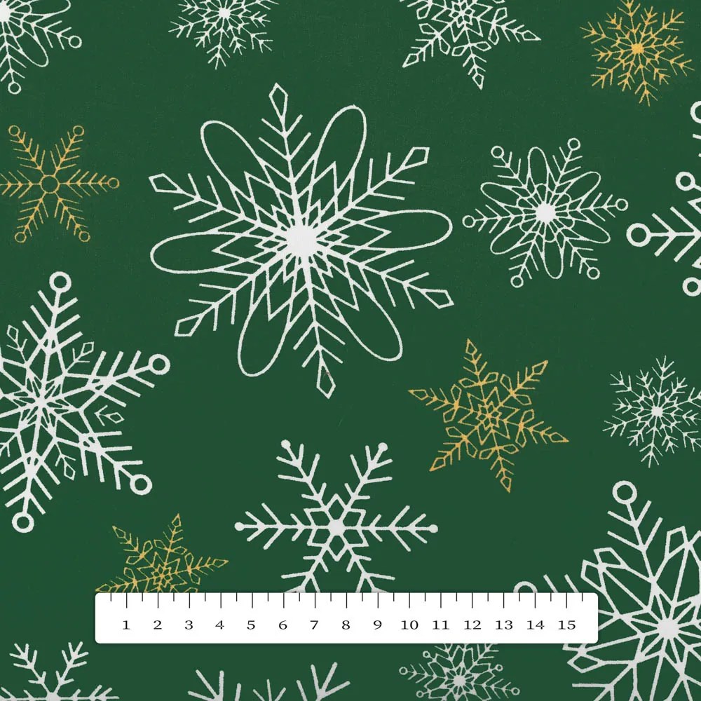 Biante Bavlnený behúň na stôl Sandra SA-703 Vianočné vločky na zelenom 35x140 cm