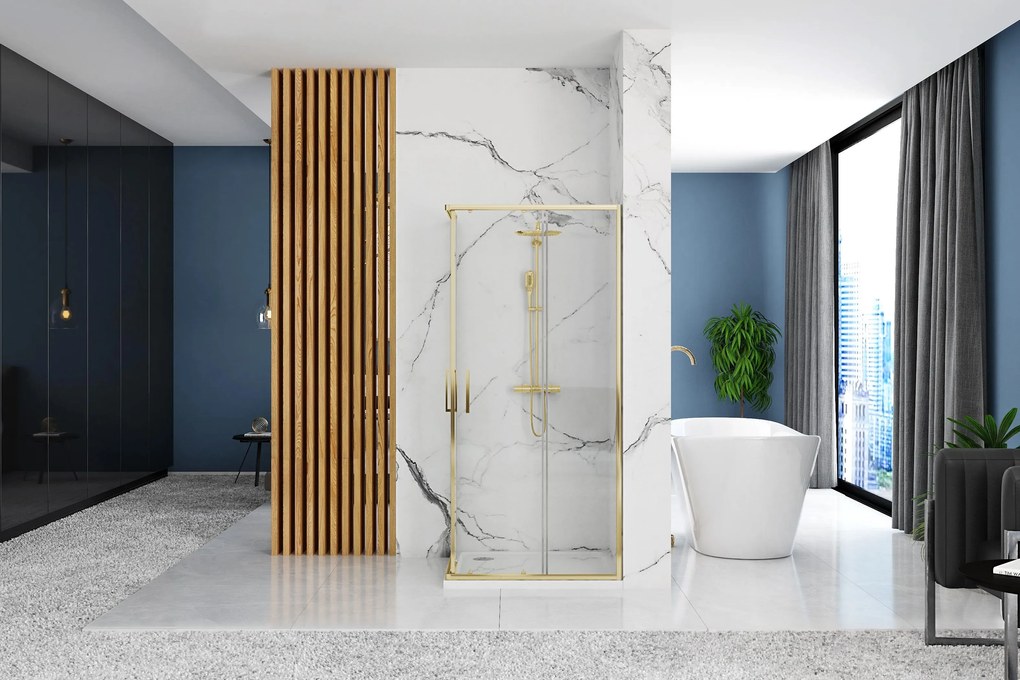 Rea Punto, sprchovací kút 80x80x190 cm, 5mm číre sklo, zlatý lesklý profil + čierna sprchová vanička Savoy, KPL-K1441