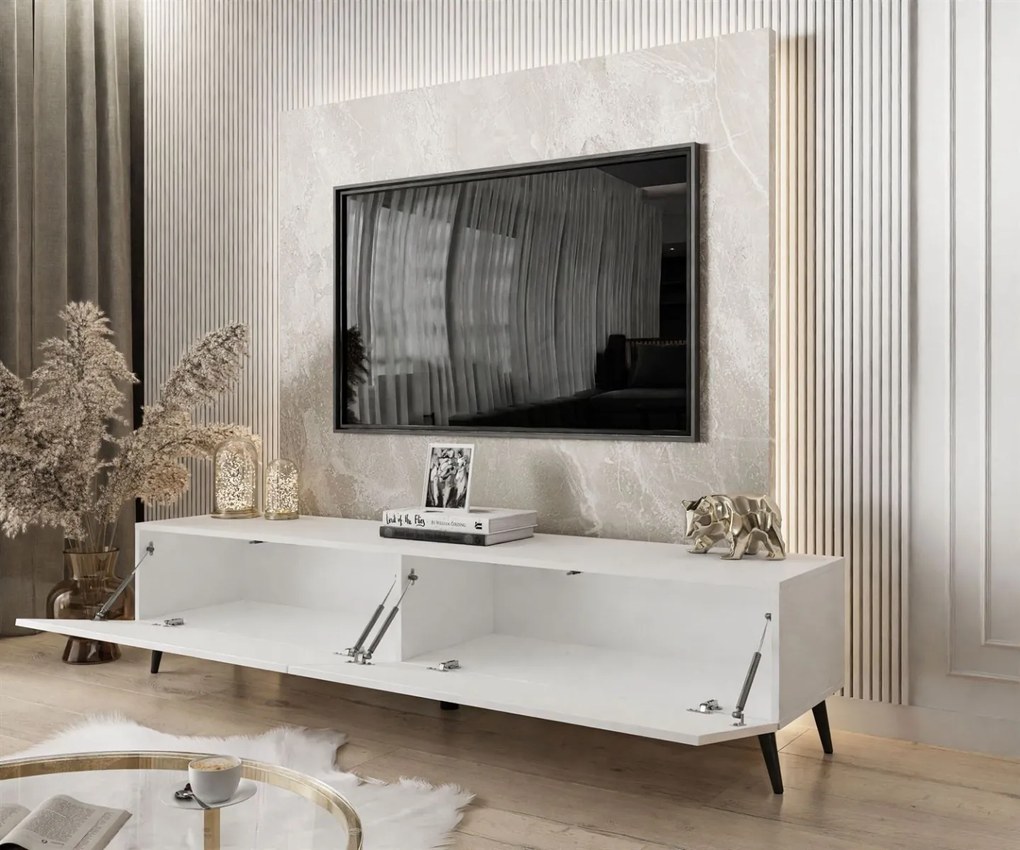 TV STOLÍK ELEGANTE 3 BIELY VYSOKÝ LESK + ČIERNE NOŽIČKY 175 cm