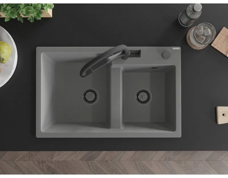 Mexen Tomas, 2-komorový granitový drez 800x500x190 mm a kuchynská batéria Duo, šedá, 6516-71-671701-70-B