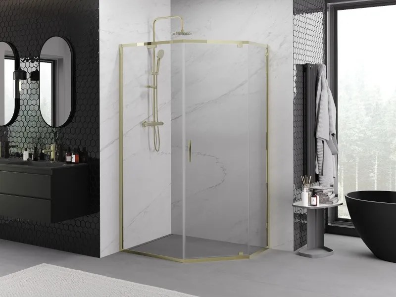 Mexen Exo, päťuholníková sprchová kabína výklopná, 100x90 cm, transparentné sklo, zlatá, 812-100-090-50-00