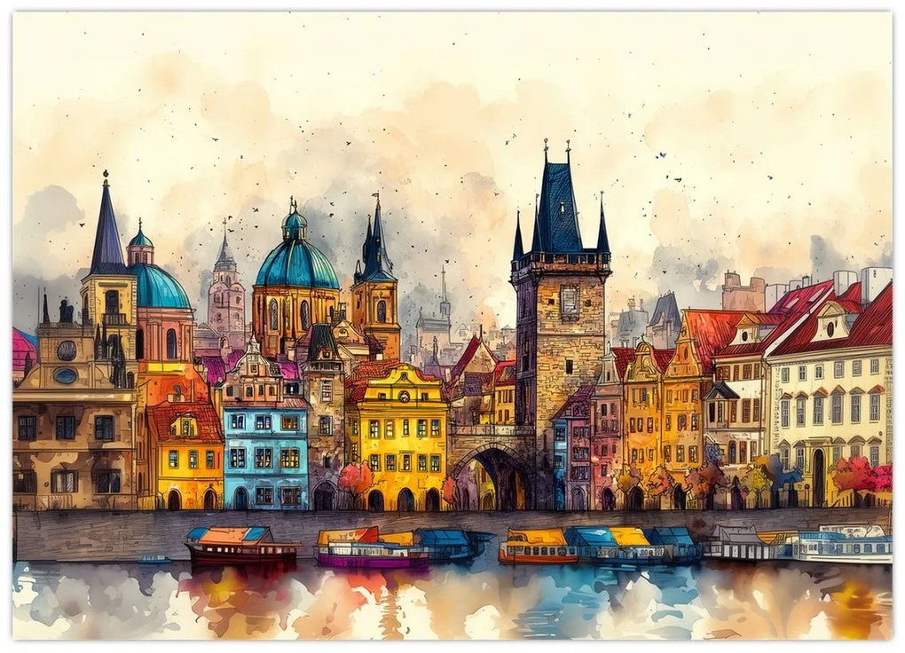 Sklenený obraz - Jeseň v maľovanom meste (70x50 cm)