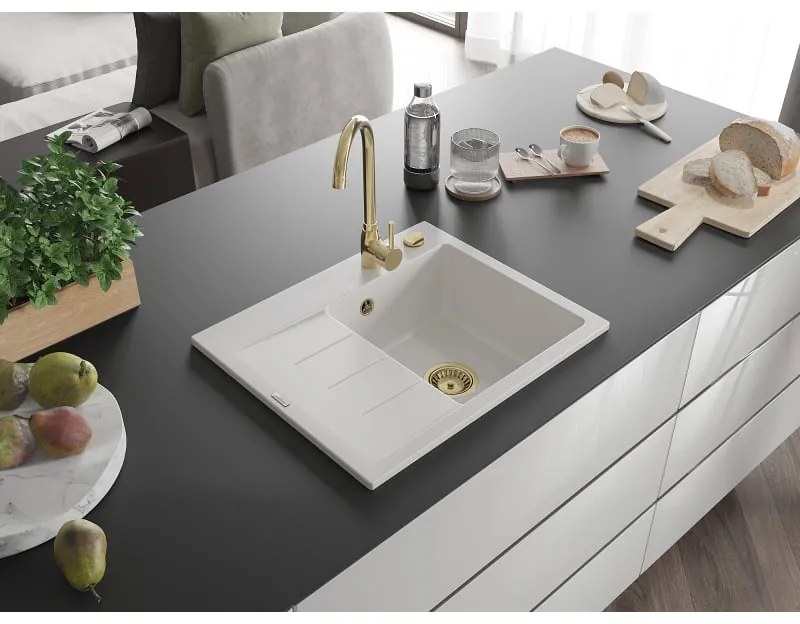 Mexen Ben, 1-komorový granitový drez 600x500x190 mm, pravý + zlatý sifón, biela, 6523605000-20-G