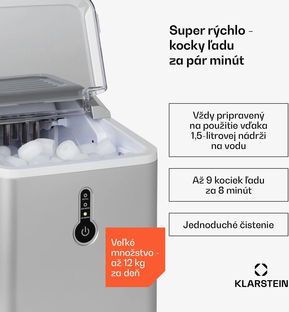 Klarstein Chillout, výrobník ľadu, oblé kúsky ľadu, 12 kg/24 h, nádrž 1,5 l, strieborný