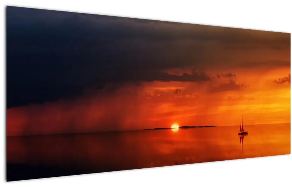 Obraz západu slnka s plachetnicou (120x50 cm)