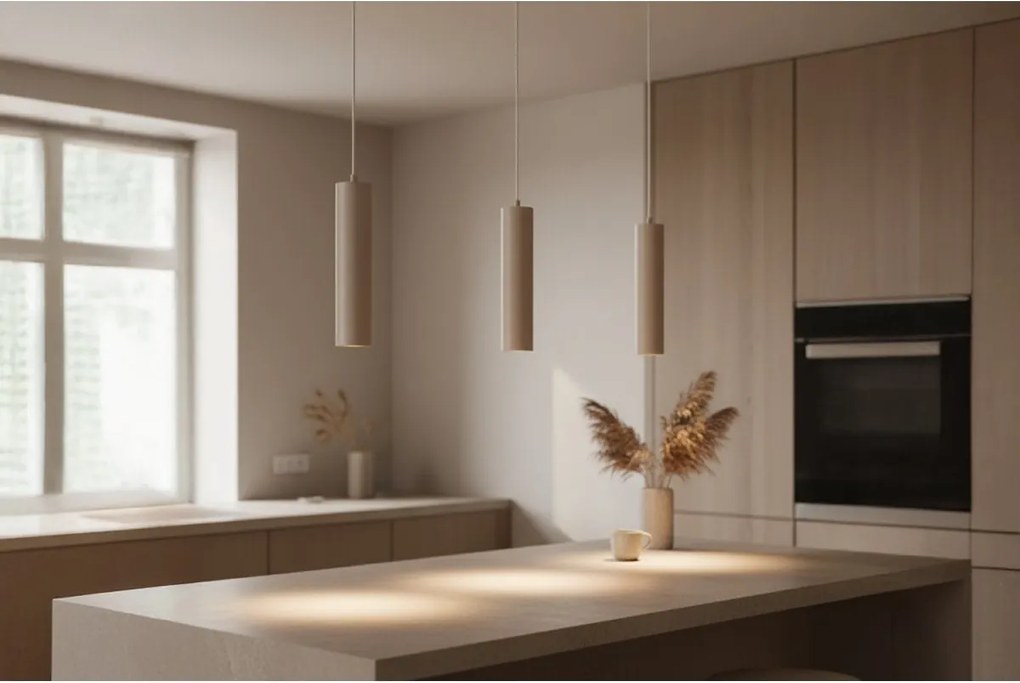 Závesné svietidlo Tuba, 1x béžové kovové tienidlo