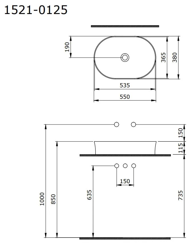 BOCCHI Sottile Slim Line - Umývadlová misa 550x380 mm, bez prepadu, biela lesklá