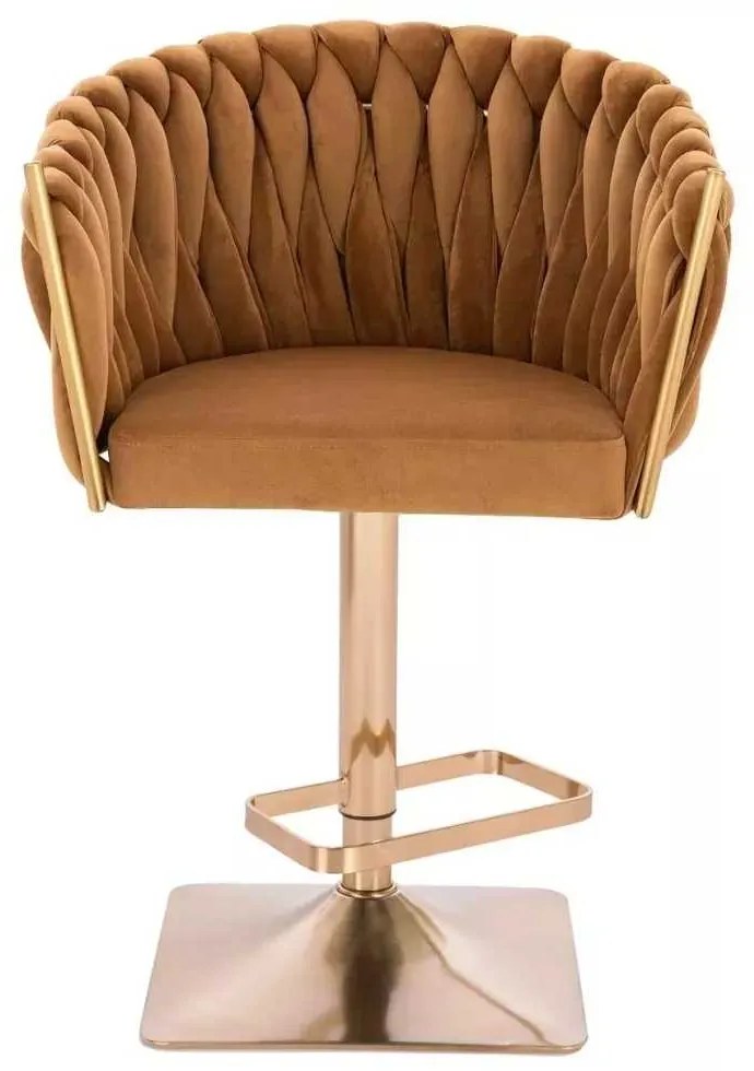 LuxuryForm DESIGN Barová stolička NORDEN VELUR na zlatej hranatej podstave - medová