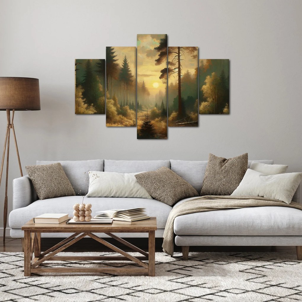 Obraz - Slnko žiariace lesom (150x105 cm)
