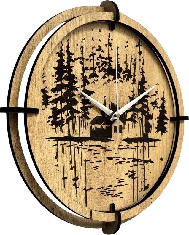 Drevené nástenné hodiny Lesná chatka pri jazere | SENTOP HDF0585-GOLD-OAK