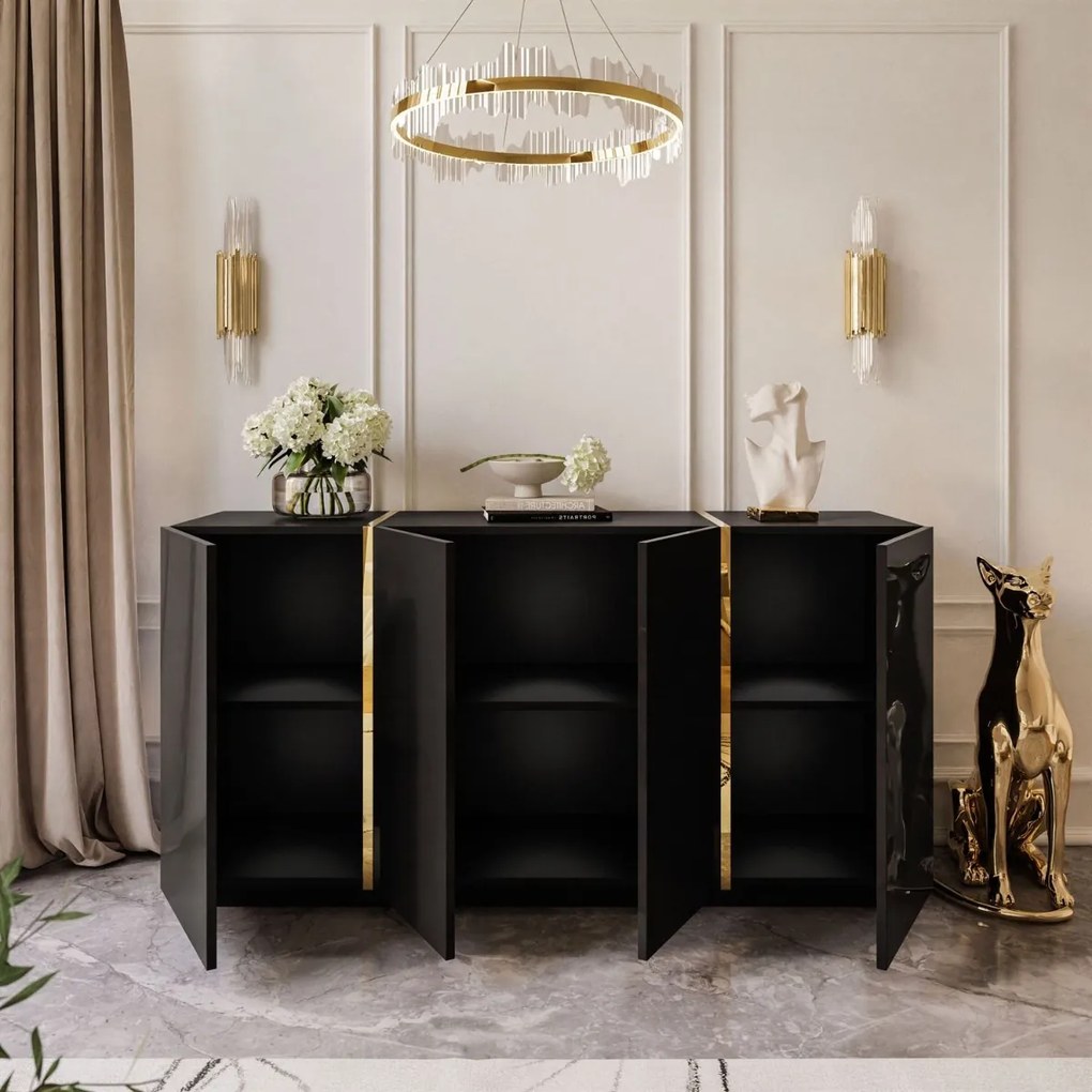 KOMODA SANTINO 4D ČIERNY LESK + ZLATÁ 158 cm