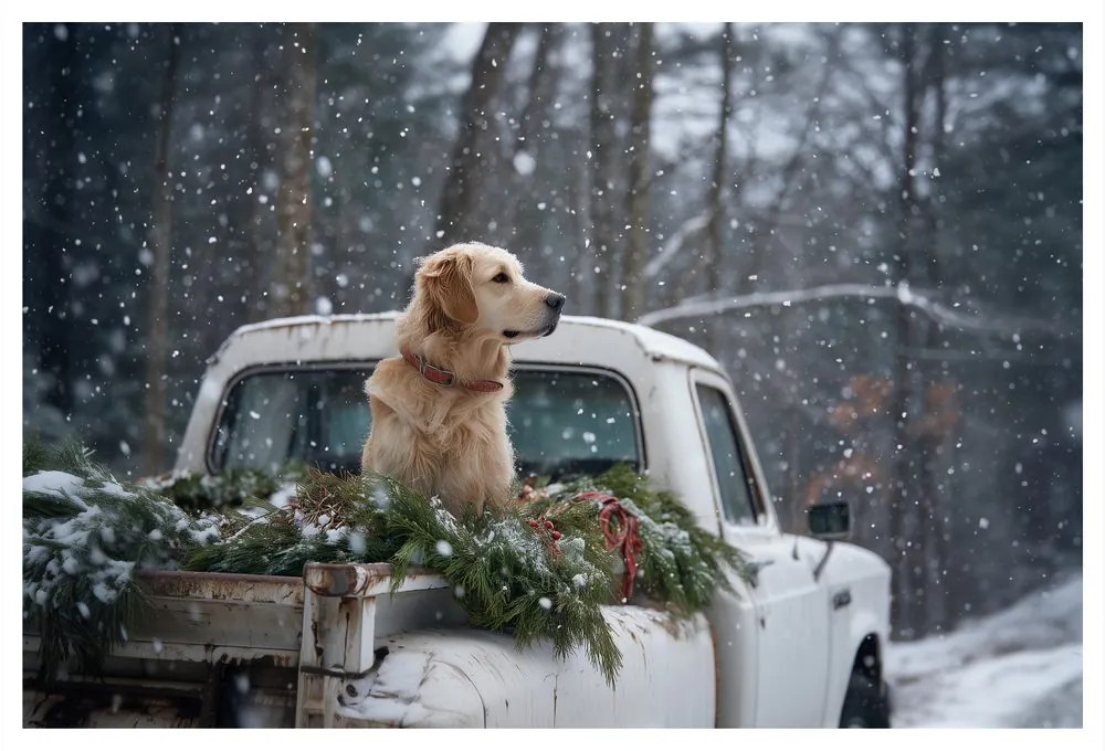 Obraz vianočný pes na zasneženej korbe