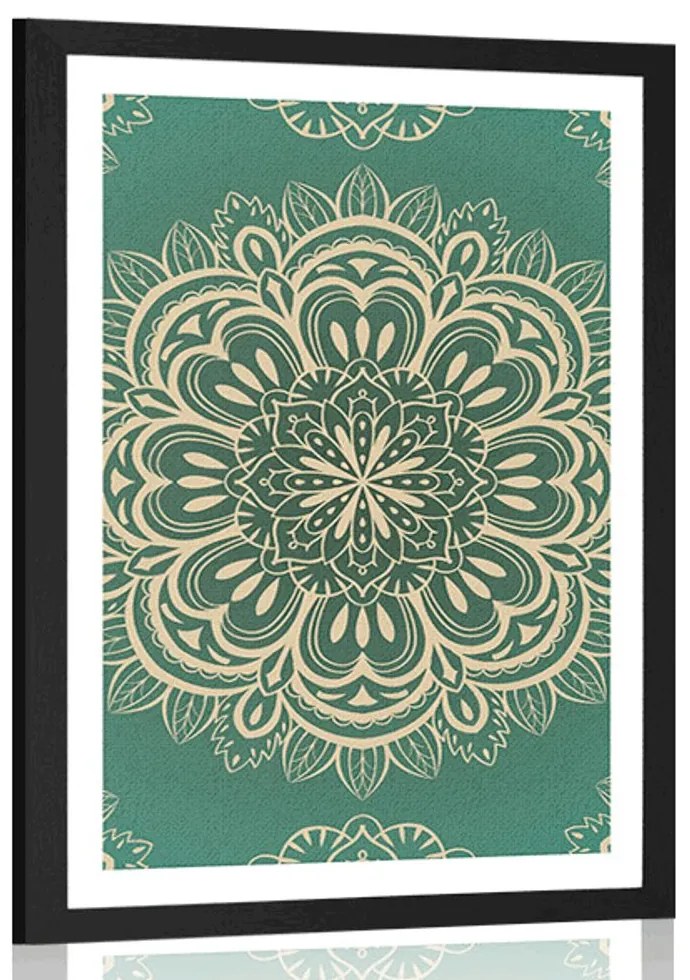 Plagát s paspartou Mandala na tyrkysovom pozadí - 40x60 white