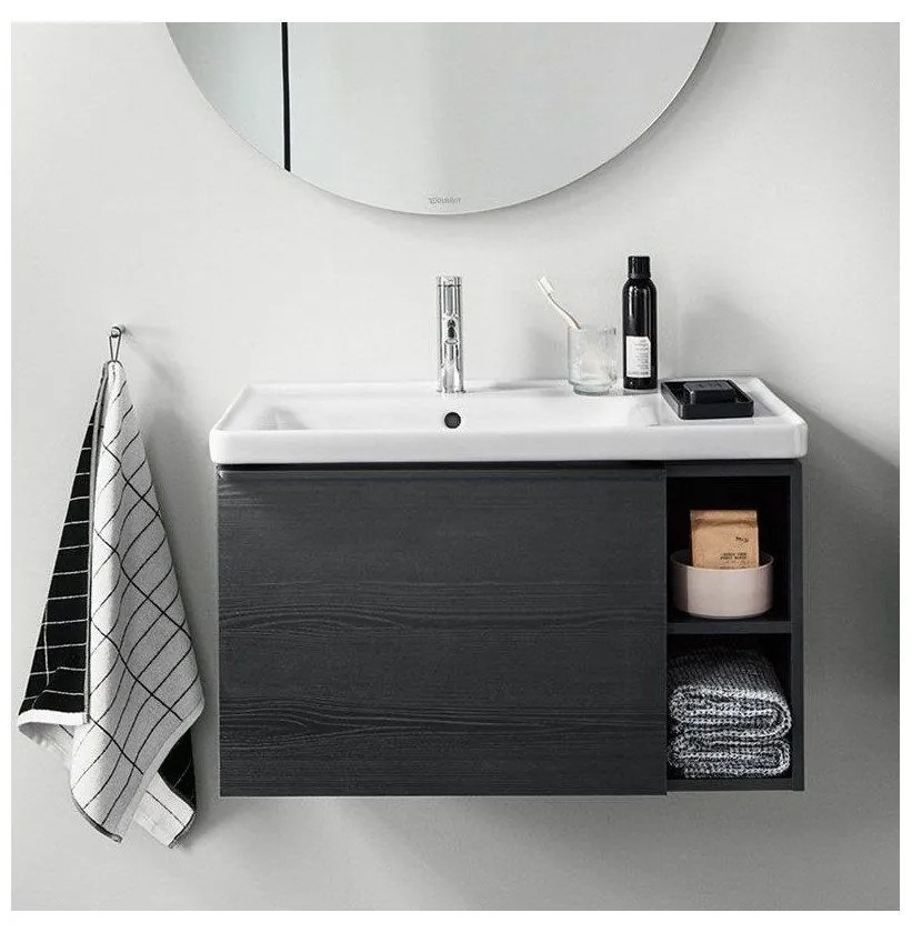 DURAVIT D-Neo asymetrické umývadlo na skrinku s odkladacou plochou vpravo, bez otvoru, s prepadom, 800 x 480 mm, biela, s povrchom WonderGliss, 23698000601