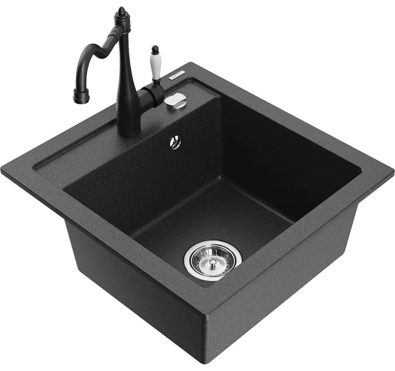 Mexen Vito, granitový drez 490x520x210 mm, 1-komorový a drezová batéria Carla, čierna škvrnitá, 6503-76-670700-70