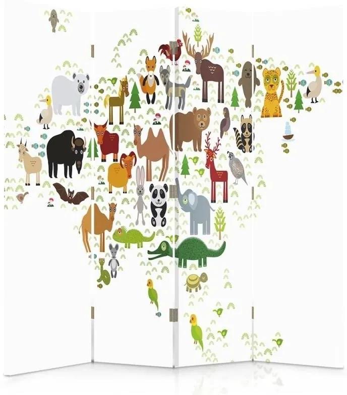 Ozdobný paraván, Mapa světa se zvířaty - 145x170 cm, štvordielny, obojstranný paraván 360°