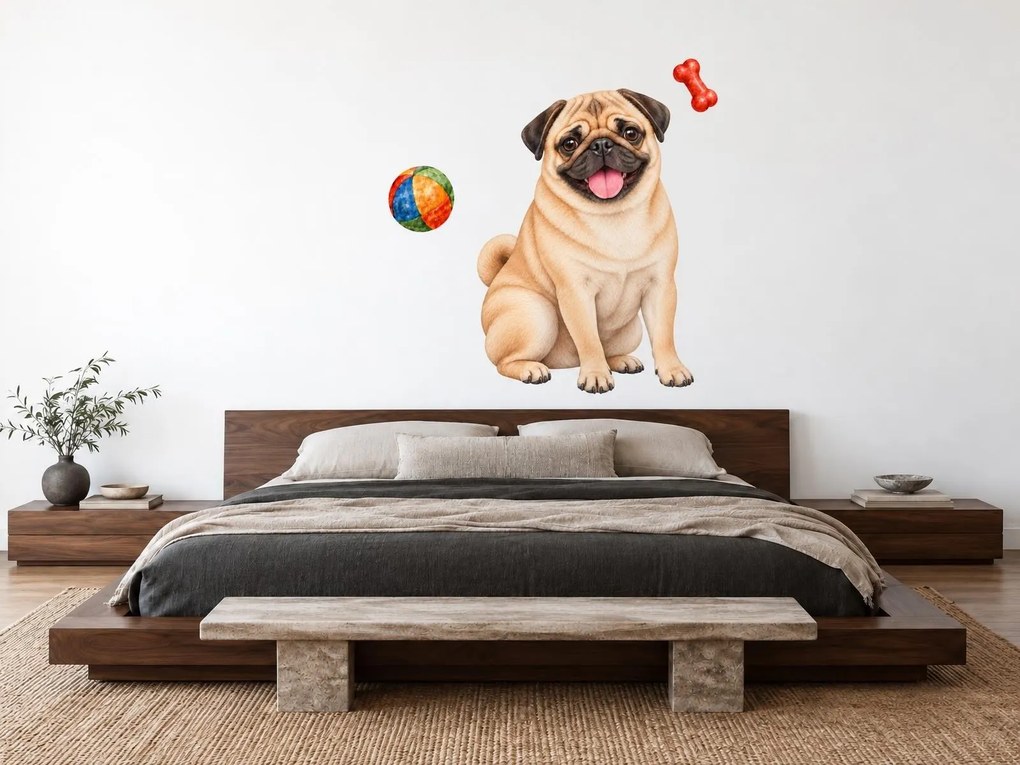 Mops s loptičkou a kosťou realistické textilné nálepky na stenu pre milovníkov mopsov arch 32 x 46 cm