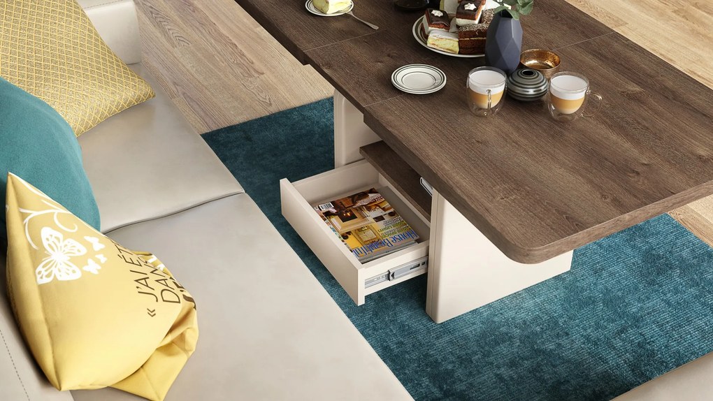 Konferenčný stolík LEXUS, rozkladací, s funkciou zdvíhania dosky, hnedý dub / béžový