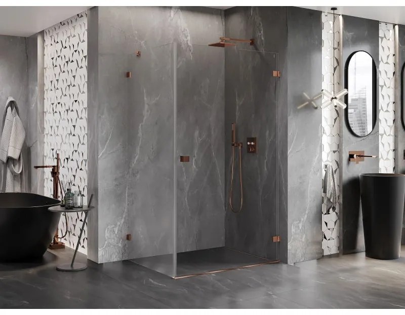 Mexen Lunar-B, pravostranný výklopný sprchový kút 95 x 90 cm, 8mm číre sklo, profil ružové zlato, 832-095-090-60-00-P